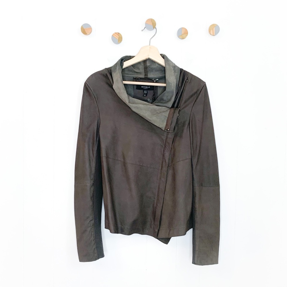 Muubaa Asymmetric Leather Jacket in Dark Brown and Olive